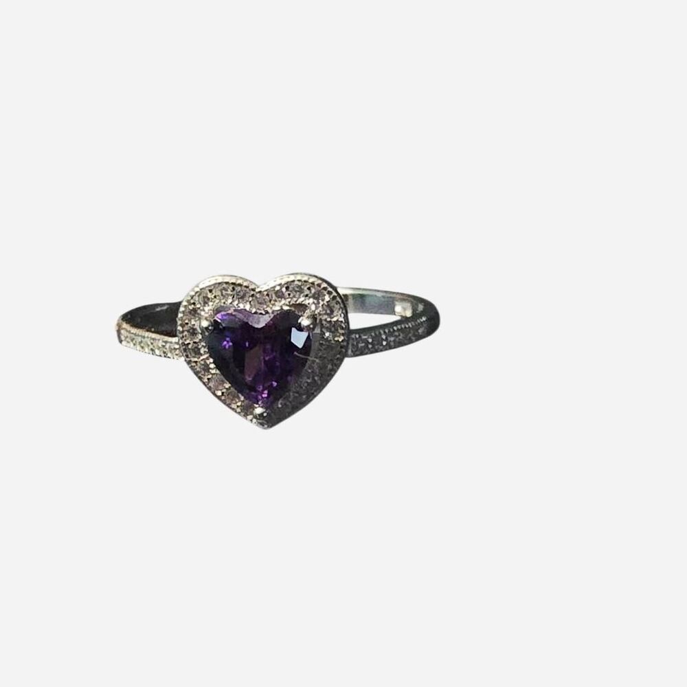 Sterling Silver Heart Ring with Purple Stone Women's Size 9.75